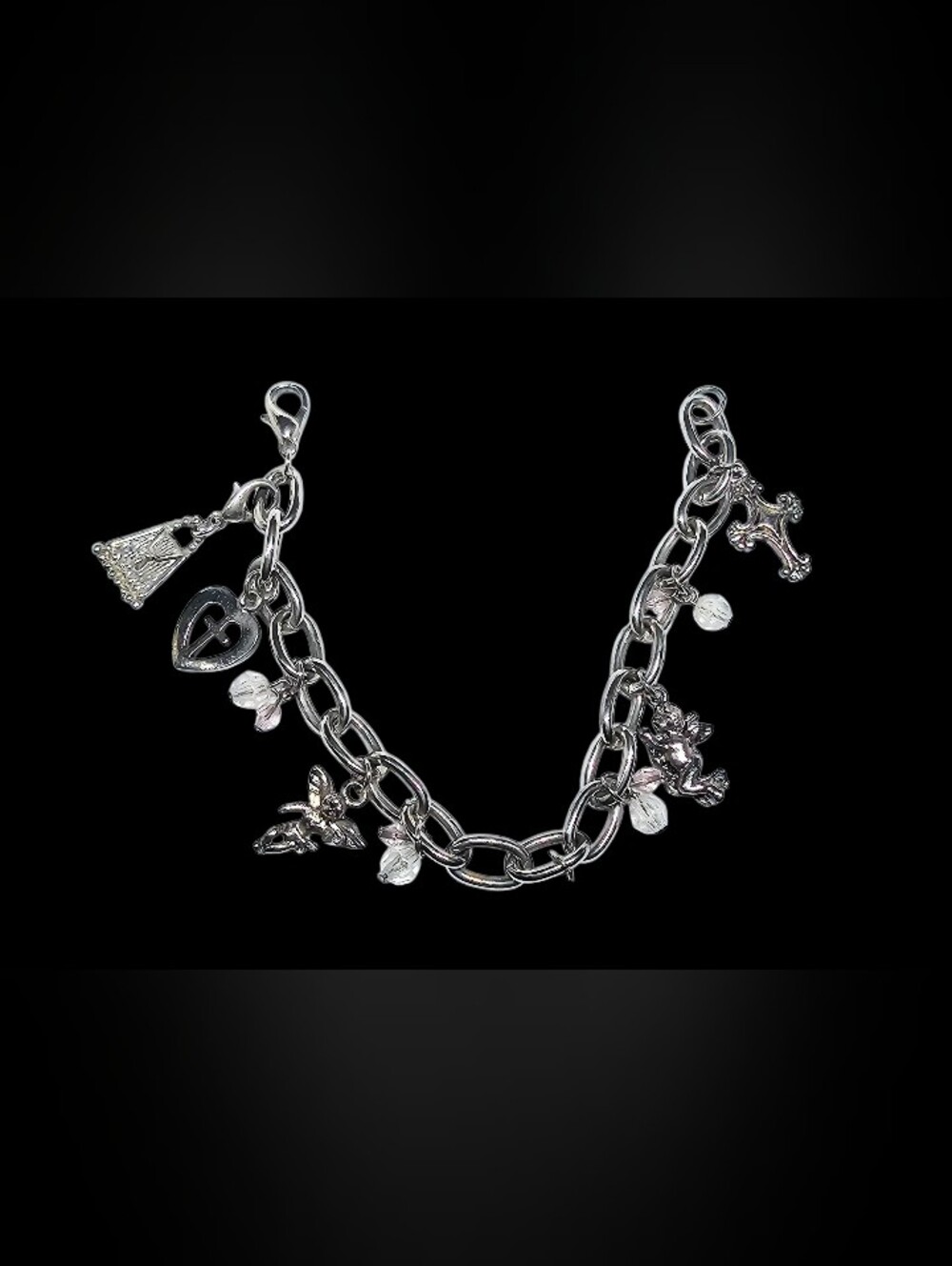Vintage Link Chain Dangle Charm Bracelet Silvertone Angel,Purse,Cross